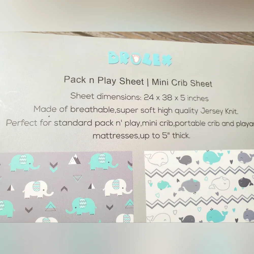 Brolex Pack n Play Mini Crib Sheet Set Gray, White Aqua Gray Elephants Whales